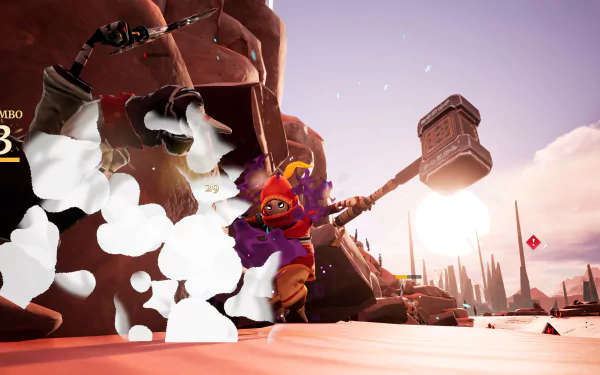 HD desktop wallpaper featuring a dynamic scene from the video game Astor: Blade of the Monolith, showcasing characters in combat with a dramatic, sunlit landscape in the background.