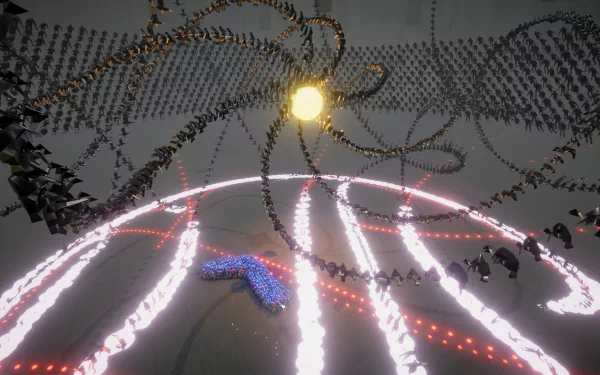 HD desktop wallpaper and background from the video game Humanity (2024), featuring an intricate, abstract scene with bright lights, swirling elements, and dynamic human-like figures.