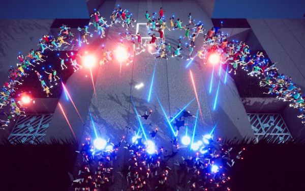 HD desktop wallpaper and background featuring a dynamic scene from the 2024 video game Humanity, showcasing a futuristic battle with vibrant lights and numerous characters in action.