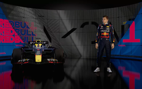 HD desktop wallpaper of F1 24 video game, featuring a race car and a driver in Red Bull Racing attire, set against a backdrop with vivid graphics and the game's title.