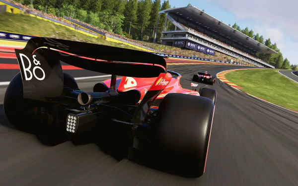 HD wallpaper of the video game F1 24, featuring a close-up of a racing car speeding on a track with a grandstand and trees in the background.
