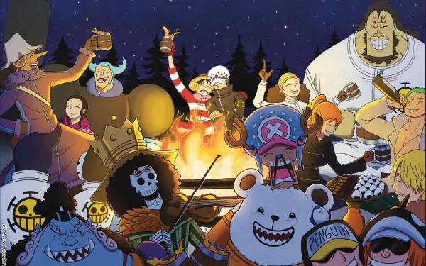 HD PC desktop wallpaper featuring lively One Piece anime characters gathered around a campfire in a nighttime forest setting.