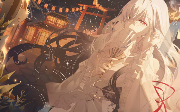 4K Ultra HD PC desktop wallpaper: pale-haired anime girl in flowing robes before a lantern-lit shrine, warm golden glow with ribbons and detailed nightscape.