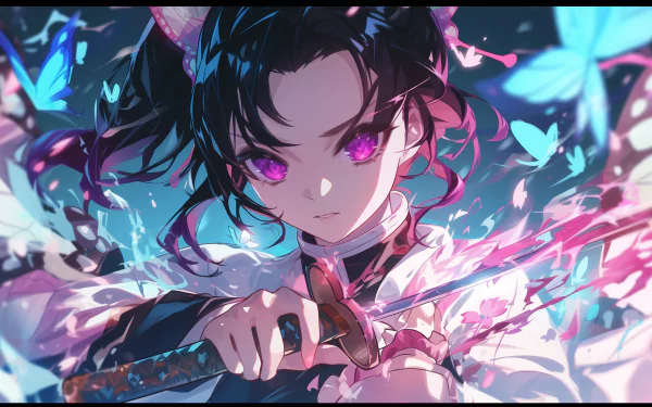 HD desktop wallpaper featuring Kanao Tsuyuri from the anime Demon Slayer: Kimetsu no Yaiba, with vibrant colors and dynamic elements surrounding her.