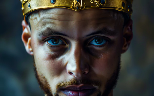 HD desktop wallpaper featuring Stephen Curry wearing a golden crown, with intense eyes, capturing his regal and commanding presence in the context of the NBA.