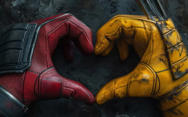 HD desktop wallpaper featuring Deadpool and Wolverine forming a heart shape with their gloved hands against a dark background.