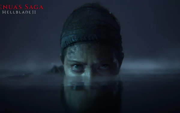 HD wallpaper featuring Senua from Senua's Saga: Hellblade II submerged in water, with intense eyes peering above the surface, creating a dark and immersive atmosphere.