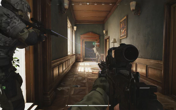 HD desktop wallpaper of Arena Breakout: Infinite video game showing a tense first-person shooter action scene in a dimly lit hallway with a soldier aiming a rifle.