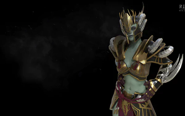 HD desktop wallpaper featuring a character from the video game Rise Online. The character is adorned in intricate, gold-accented armor, set against a dark background.