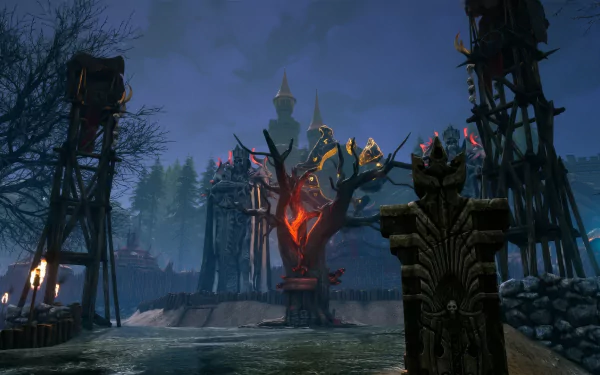 HD desktop wallpaper of the video game Rise Online, featuring a dark, eerie landscape with a glowing tree at the center, surrounded by foreboding structures and an ominous sky.