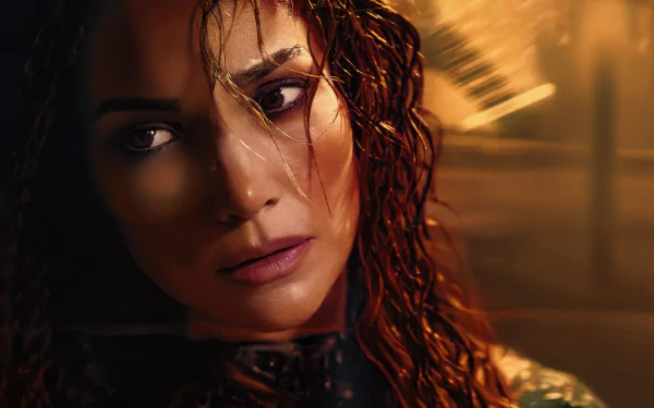 HD wallpaper featuring Jennifer Lopez from the 2024 movie Atlas, displaying an intense expression with softly lit background tones.