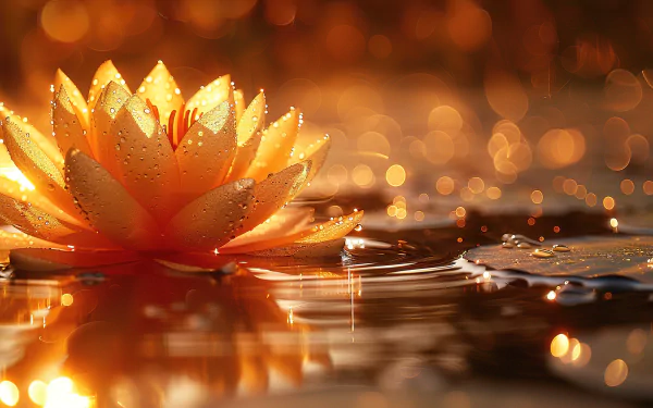 Aesthetic 4K Ultra HD wallpaper showcasing a glowing gold water lily flower with delicate droplets on its petals, resting on calm reflective water.