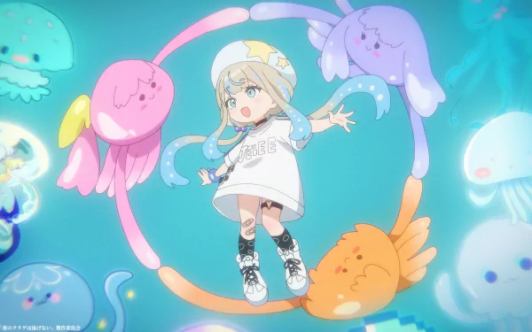 HD desktop wallpaper featuring an anime character from Jellyfish Can’t Swim in the Night, surrounded by colorful, whimsical jellyfish against a soft, blue background.