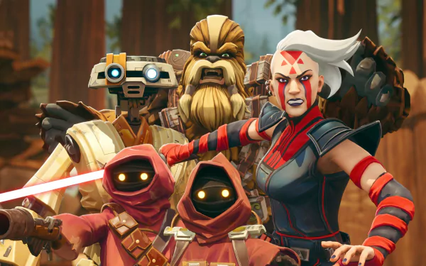 HD desktop wallpaper of characters from the video game Star Wars: Hunters, featuring a diverse group including a Wookiee, two Jawas, a droid, and a woman with white hair and red face markings.