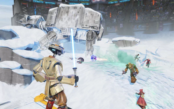 HD desktop wallpaper featuring a dynamic scene from the video game Star Wars: Hunters. Characters engage in battle on a snowy battlefield with a large AT-AT walker in the background.
