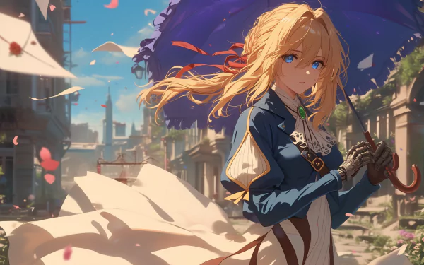 HD desktop wallpaper featuring Violet Evergarden, the character from the anime Violet Evergarden, holding an elegant purple umbrella, with a picturesque town in the background.