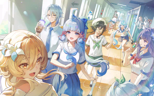 HD PC desktop wallpaper featuring Genshin Impact characters Lumine, Kamisato Ayaka, Kamisato Ayato, and Venti in school uniforms inside a bright hallway.