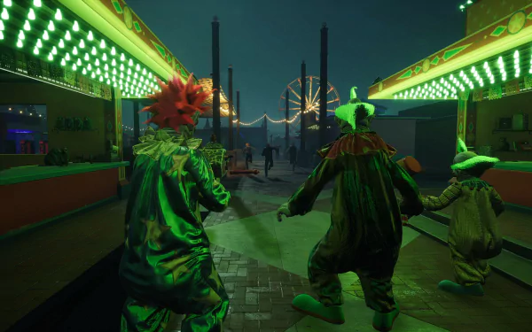 HD wallpaper of Killer Klowns from Outer Space: The Game featuring creepy clowns in a neon-lit carnival setting, walking towards a distant Ferris wheel at night.