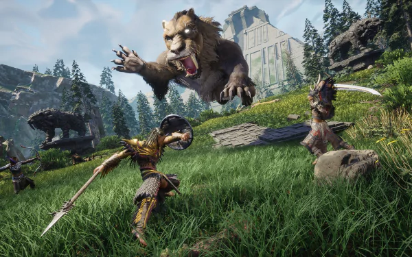 HD desktop wallpaper and background from the video game Soulmask featuring an intense battle scene with warriors and a giant lion-like creature in a lush, mountainous landscape.