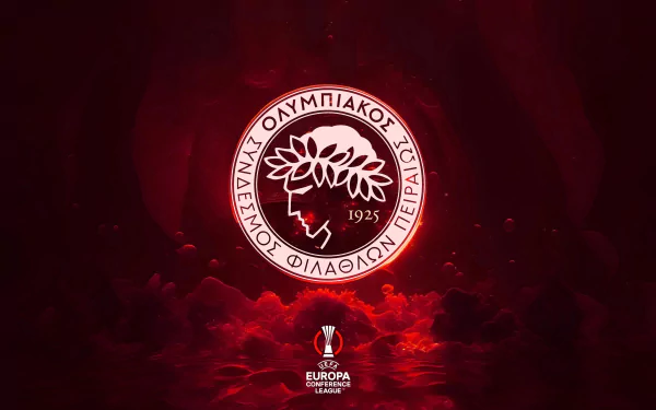 Olympiacos F.C. emblem glowing against a dark red smoky background, featured as a 4K Ultra HD PC desktop wallpaper with the UEFA Europa League logo below.