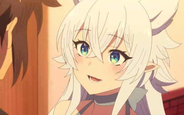 Anime scene from Chillin' in Another World with Level 2 Super Cheat Powers, featuring a character with white hair and blue eyes, in a conversation. HD desktop wallpaper and background.