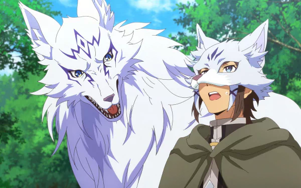 HD anime wallpaper from Chillin' in Another World with Level 2 Super Cheat Powers featuring a character with a wolf mask and a large white wolf in a lush green forest background.