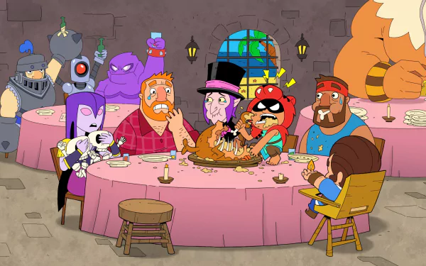 Colorful cartoon characters from Squad Busters gather around a feast in a medieval-style hall. HD desktop wallpaper showing a mix of villains, heroes, and quirky personalities enjoying a meal together.