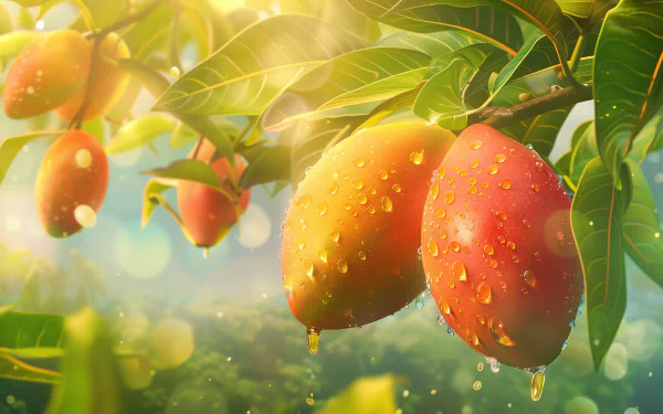 Vivid HD wallpaper featuring fresh, dewy mangos hanging from a branch with lush green leaves in a beautifully lit, serene background.
