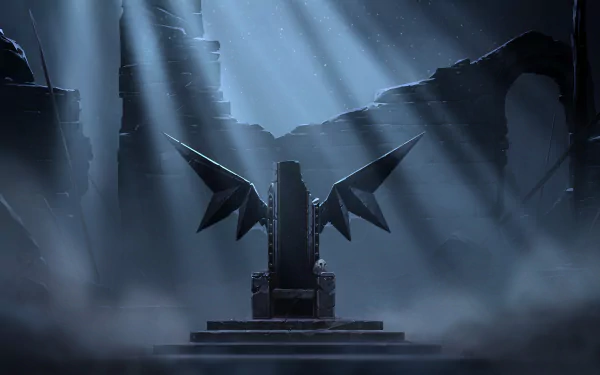 HD desktop wallpaper featuring a dark, atmospheric scene from the video game V Rising, showcasing a mystical throne in an eerie, ruined environment with ethereal light beams filtering through.