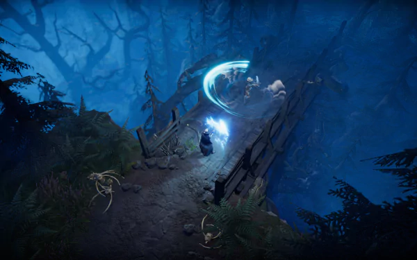 A high-definition desktop wallpaper for the video game V Rising, showcasing a mystical forest scene with a character using magical abilities on a bridge in atmospheric, blue-toned surroundings.