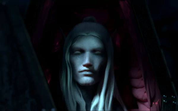 HD desktop wallpaper of V Rising, featuring a detailed, shaded character with long white hair and a serene expression, set against a dark background.