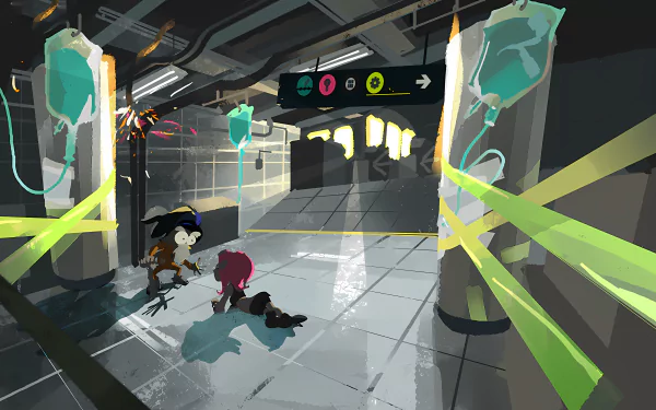 4K Ultra HD Splatoon 2: Octo Expansion wallpaper featuring two characters resting in a futuristic, dimly lit subway station with neon accents and shattered pillars.
