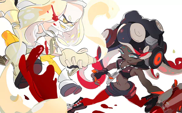 Splatoon 2 HD PC desktop wallpaper/background: Pearl and Marina clash in a vibrant ink-splattered scene, bold reds and yellows.