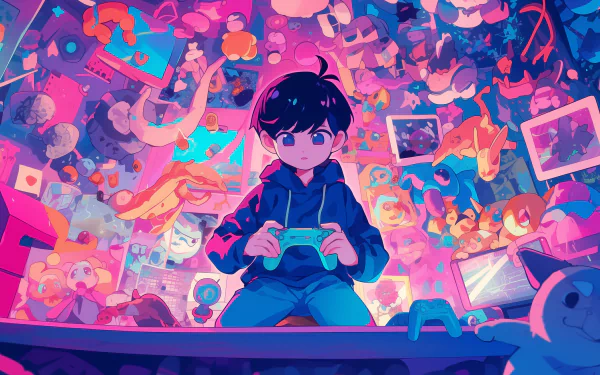 HD desktop wallpaper featuring Hero from the video game OMORI, surrounded by vibrant, colorful elements from the game world, holding a game controller and immersed in a fantastical environment.