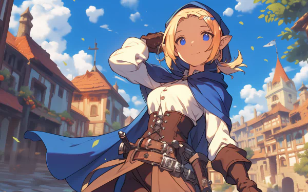 HD wallpaper and background featuring the anime character Marcille Donato from Delicious in Dungeon. Marcille stands confidently in a medieval town, adorned in adventurous attire with a bright blue sky above.