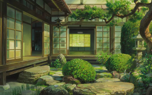 Anime HD desktop wallpaper featuring a serene Japanese garden scene from Studio Ghibli's The Wind Rises, with lush greenery and traditional wooden architecture.