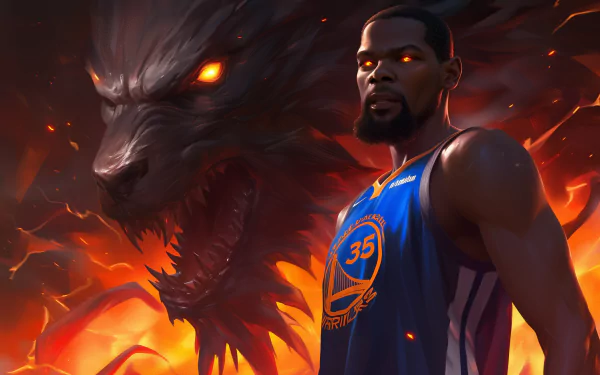 NBA's Kevin Durant in a Golden State Warriors jersey stands powerfully in front of a fiery, menacing creature. This HD wallpaper captures the intensity and prowess of the star player.