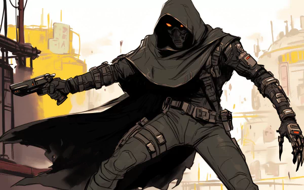 HD desktop wallpaper of a hooded cartoon assassin in futuristic gear, holding a pistol and a knife, with an industrial cityscape in the background.