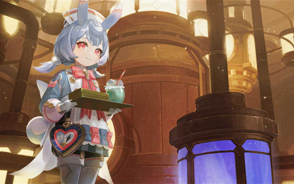 4K Ultra HD Genshin Impact wallpaper featuring Sigewinne, a girl character holding a tray with a drink in a warmly lit, industrial-style interior.