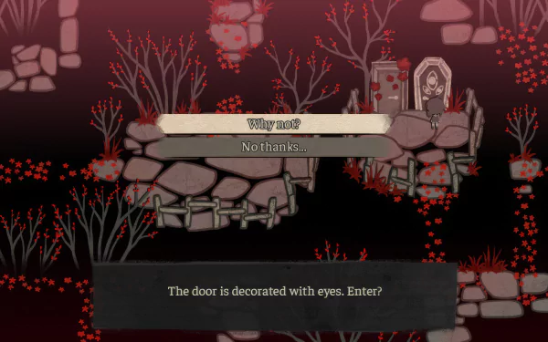 HD wallpaper and background from the video game The Coffin of Andy and Leyley, depicting a character near an eye-decorated door with options to enter or decline. Dark, eerie setting with red-hued plants.