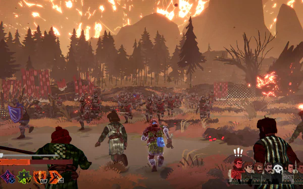 HD desktop wallpaper and background from the video game Tears of Metal, featuring a chaotic battlefield set against a fiery, mountainous backdrop with various characters engaged in combat.