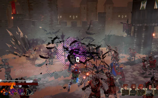 HD desktop wallpaper and background from the video game Tears of Metal, depicting an intense battle scene with warriors clashing amidst dark magical energy in a fortress setting.