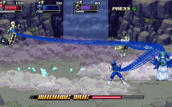 HD desktop wallpaper featuring the video game Mighty Morphin Power Rangers: Rita’s Rewind, showcasing an action scene with characters engaging in combat, with character health bars displayed at the top.