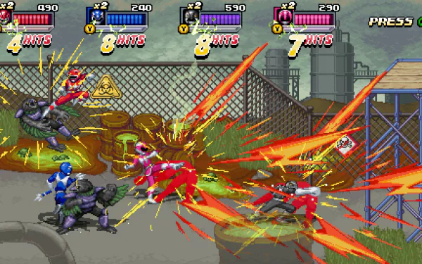 HD desktop wallpaper of the video game Mighty Morphin Power Rangers: Rita’s Rewind showing intense action with Power Rangers battling enemies amidst dynamic explosions and energy effects.