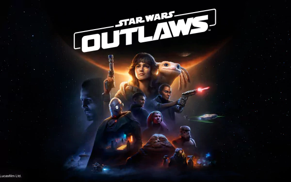 HD desktop wallpaper and background image for the video game Star Wars Outlaws, showcasing various characters in an epic, space-themed setting.