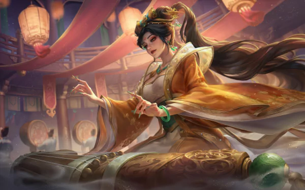HD desktop wallpaper featuring Sona from League of Legends in an elegant setting, dressed in ornate robes, playing her instrument against a backdrop with lanterns and flowing fabrics.