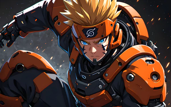 4K Ultra HD anime wallpaper featuring Naruto in a dynamic pose wearing futuristic mech armor with intense expression and detailed mechanical elements.
