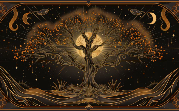 HD wallpaper featuring a mystical depiction of Yggdrasil, the world tree, with tarot symbols and celestial elements in the background. The intricate design creates a captivating desktop background.