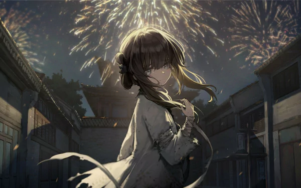 HD desktop wallpaper for the game The Hungry Lamb: Traveling in the Late Ming Dynasty, featuring an anime-style character against a backdrop of ancient architecture and fireworks.