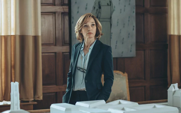 HD desktop wallpaper featuring a scene from the movie Under Paris, showing a woman in a suit standing in a wood-paneled room with a model layout on the table in front of her.